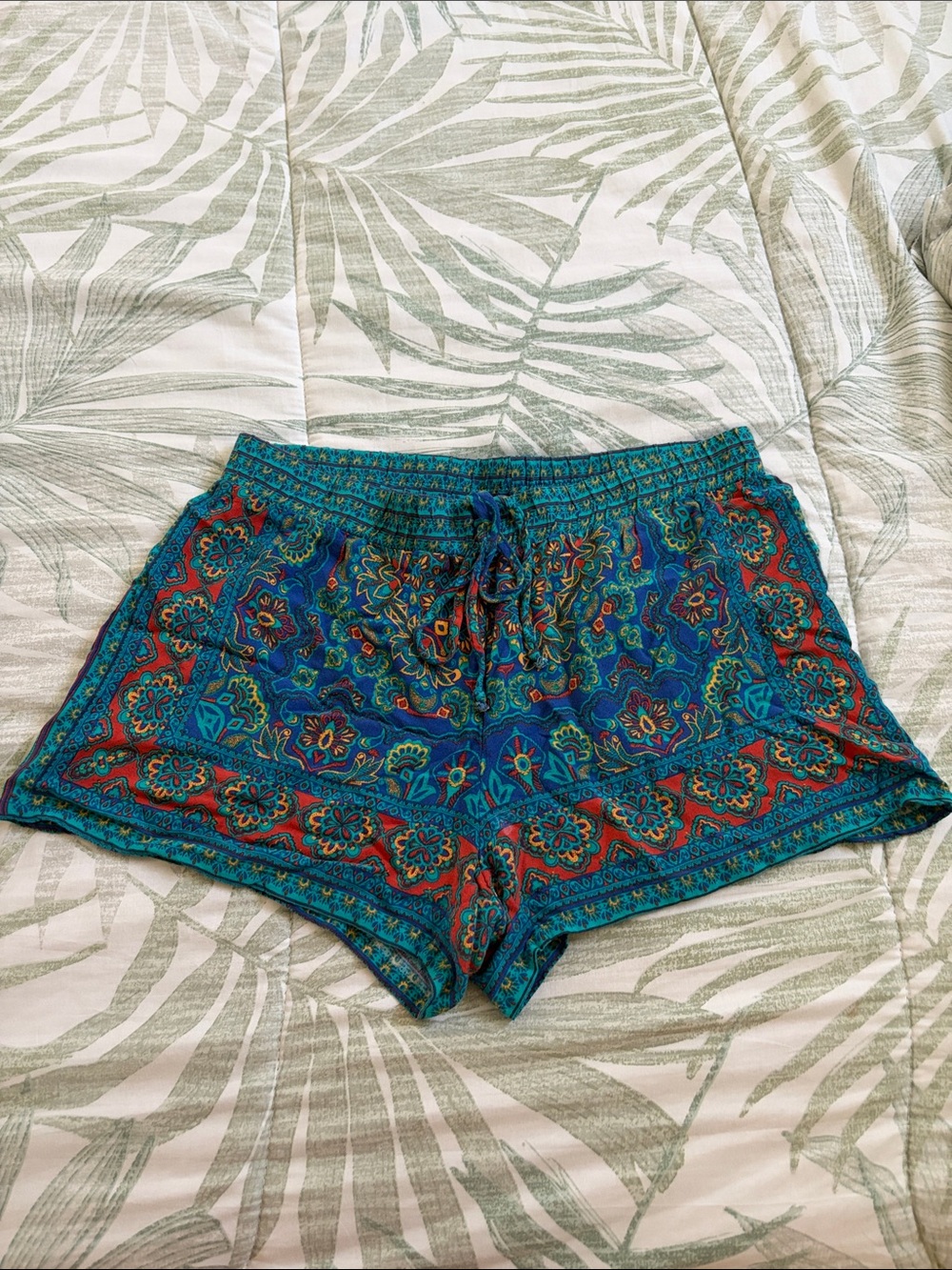 Boho Floral Print Blue Women's Drawstring Shorts